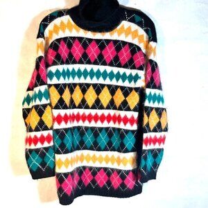 Angora Sweater Rabbit Hair Lambswool Size Small Harlequin Turtleneck Black Pink